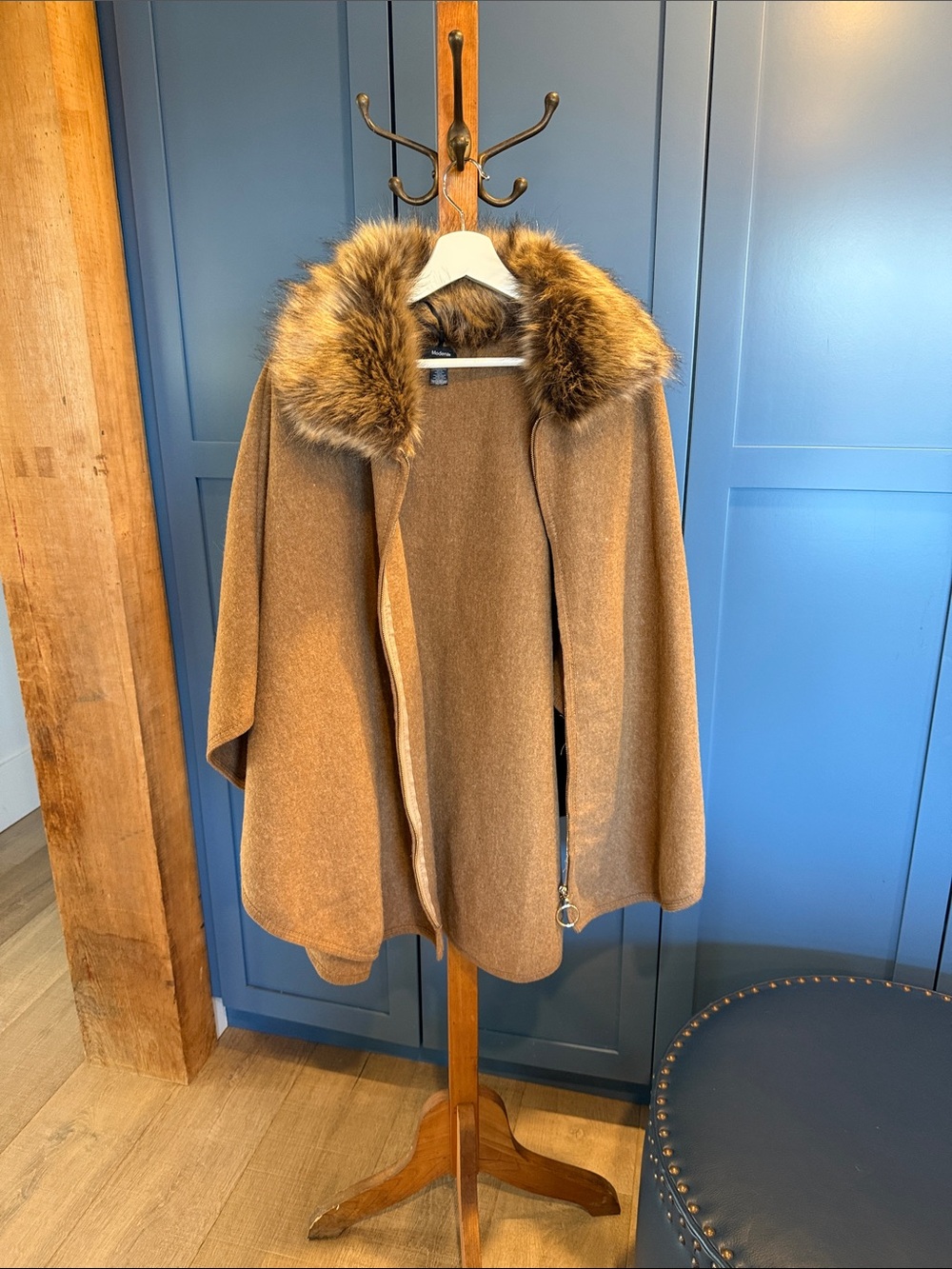 Faux Fur-Trim Camel Cape Coat